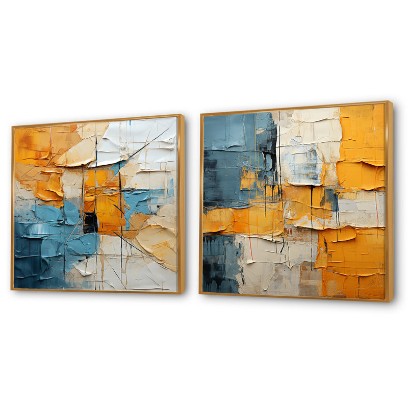 «Rhythmic Abstraction - Abstract Collages Square», ensemble de 2 collages, Cadre flottant doré, H 16 po x l 33 po