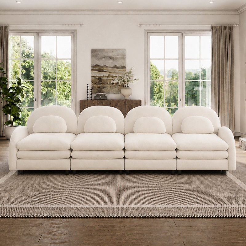 Canapé modulaire 4 places avec dossier incurvé et coussins à double couche, Peluche beige