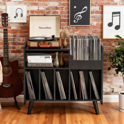Large Record Player Cabinet With Open Vinyl Storage, Media Console Stand