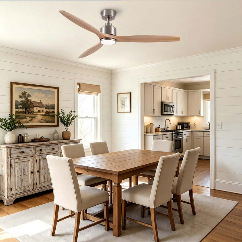 Ventilateur de plafond moderne en bois massif nickel brossé à 3 pales de 60 po avec lumière DEL, moteur DC et télécommande
