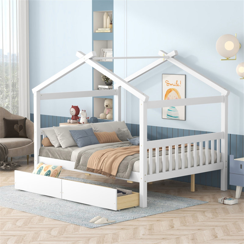 Lit double en bois avec tiroirs, Blanc