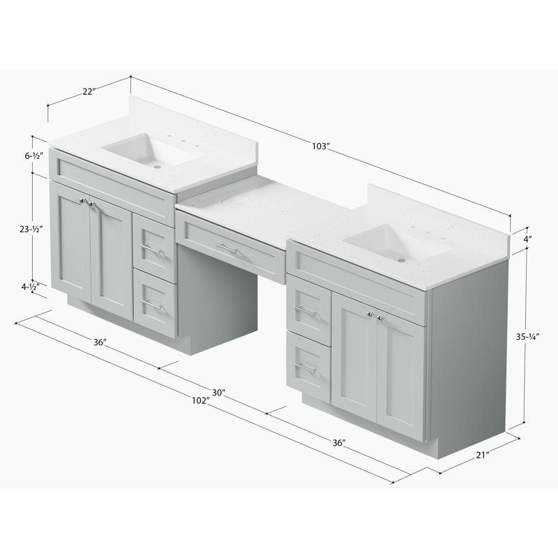  Meuble-lavabo double 103 po avec comptoir en quartz, Gris