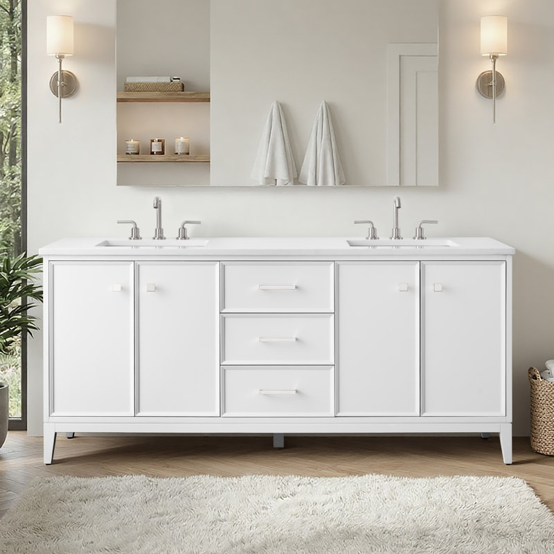 Meuble-lavabo double 72 po avec plateau en marbre, White