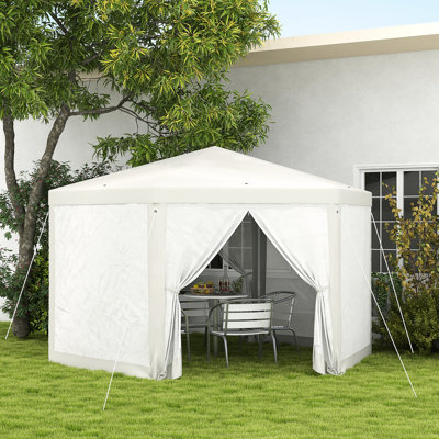 Tente de réception crème blanche 13 pi x 11 pi, hexagone Abri pare-soleil avec parois latérales et cordes de protection. Haut pour les événements. Deux entrées à fermeture à glissière. Structure en acier. Auvent hexagonal L 155 po x l 135,46 po x