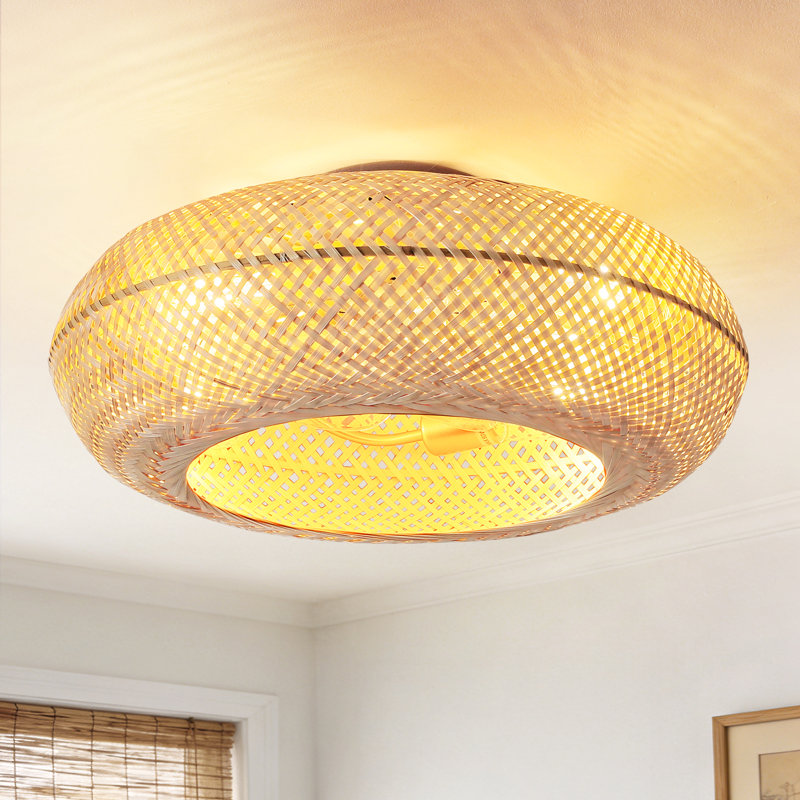20" Boho Low Profile Flush Mount Ceiling Fan with Light, Handwoven Bamboo Caged Shade