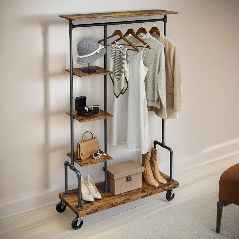 Rustic Industrial 103.5cm Clothes Rack, Garment Rail, Clothes Organiser with Wheels