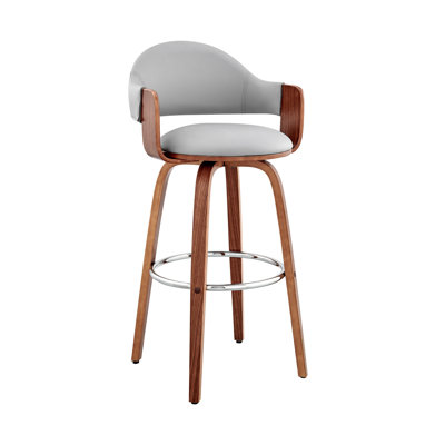 Romarin Swivel Counter or Bar Height Bar Stool with Arms and Footrest in Faux Leather, Wood
