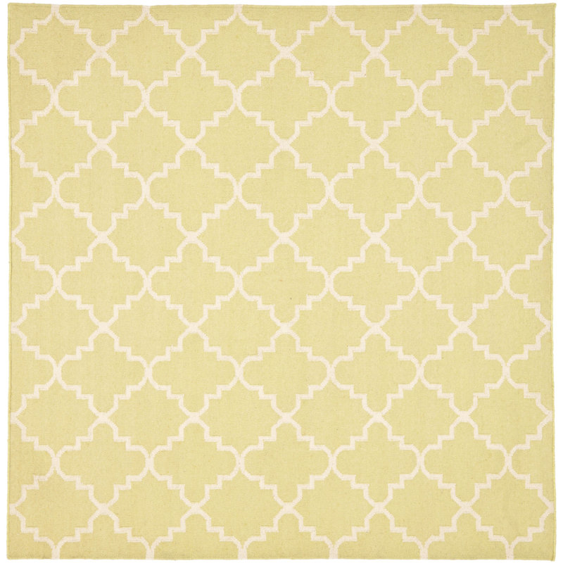 Estevez Hand Woven Flat Weave Wool/Cotton Geometric Rug in Ivory/Light Green, Square 8'