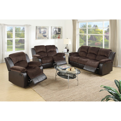 Salon contemporain 3 pièces, fauteuil inclinable, chocolat, revêtement en suédine rembourrée et similicuir, style moderne, dossier rembourré en suédine et cuir chocolat