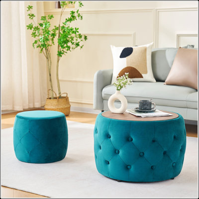 Luxueux repose-pieds gigognes en velours, fonction 4 en 1, rangement rond avec plateau en bois, sans assemblage, conception peu encombrante