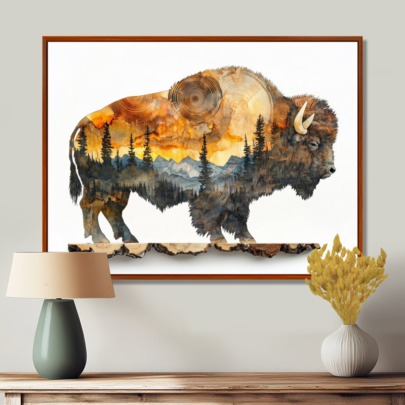 Portrait de bison américain Gianluka dans une double explosion Canyon I - art mural grand bison, Brun, Cadre flottant