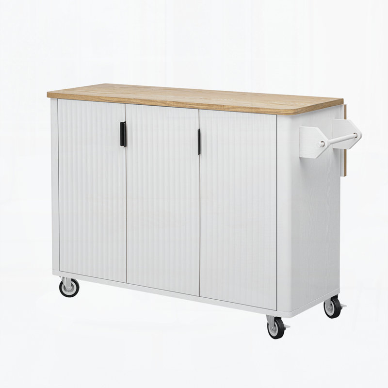 51" Fluted Kitchen Island With Drop Leaf, Farmhouse Accent Kitchen Island On Wheels With Internal Storage Rack, White