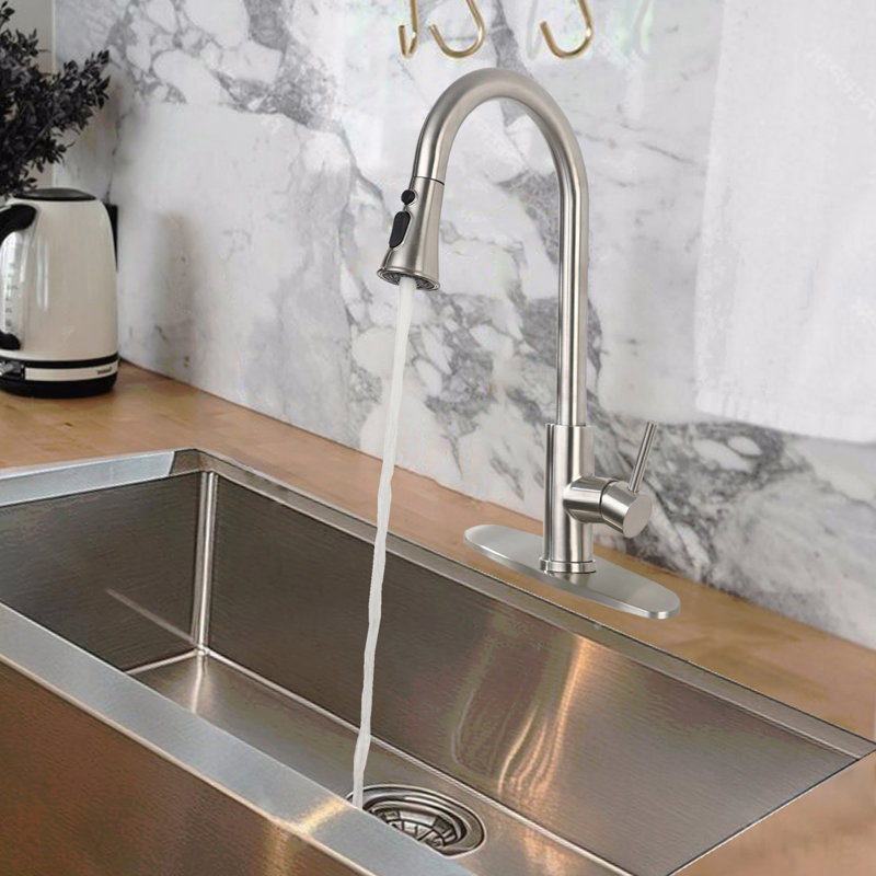 Robinet de cuisine rétractable, installation monotrou / pont avec douchette en acier inoxydable et poignée simple