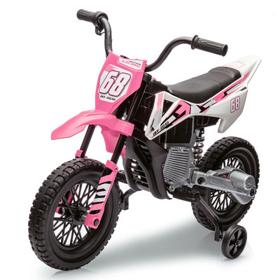 12V Kids Electric Motorcycle w/Training Wheels, Dirt Bike Ride On Toy w/Twist Throttle, Music, Suspension, 3 MPH Max