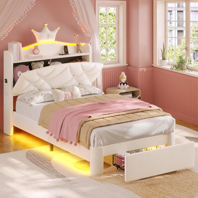 Twin LED Bed Frame with Storage Headboard & Drawer, Princess Upholstered Bed with Charging Station & Crystal Button & Crown, Velvet Platform Bed, Solid Wood Slats, Cream White