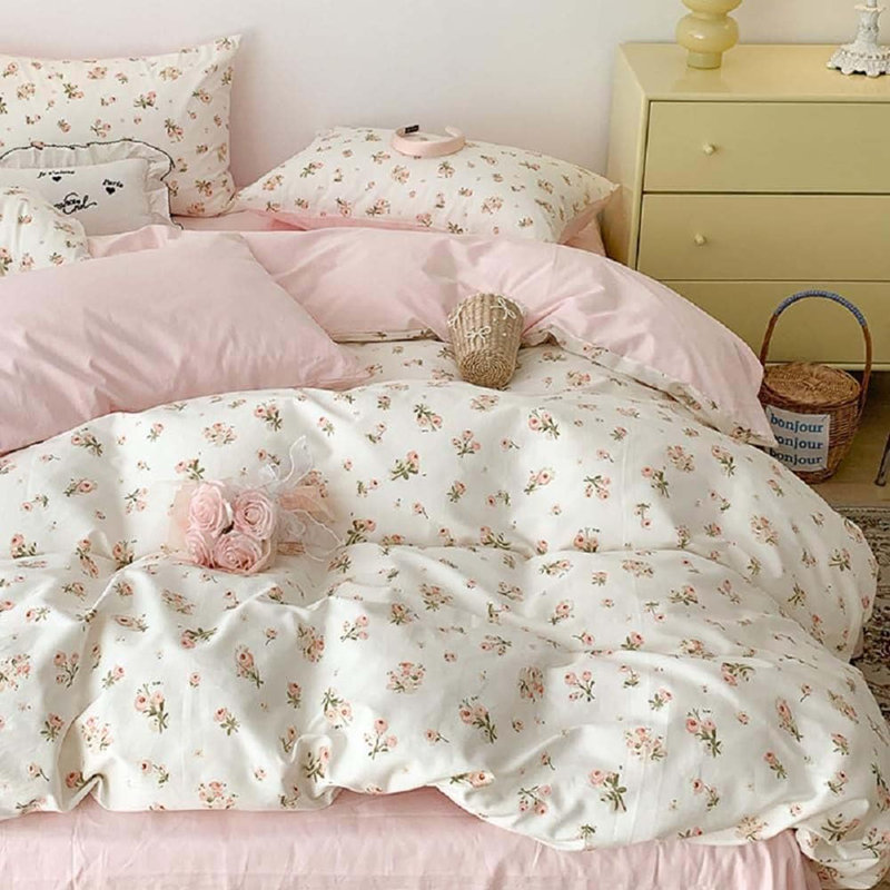 Pink Floral Duvet Cover Green Botanical Leaf Printed On White Spring Comforter Cover Soft Microfiber Aesthetic Bedding Set