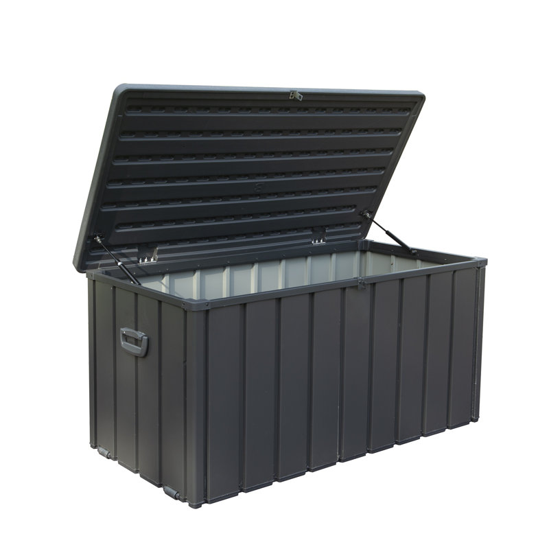 Boîte de rangement en métal imperméable 120 gallons - Armoire de rangement extérieure en acier robuste avec élévateur hydraulique et roues pour patio, cour et bord de piscine