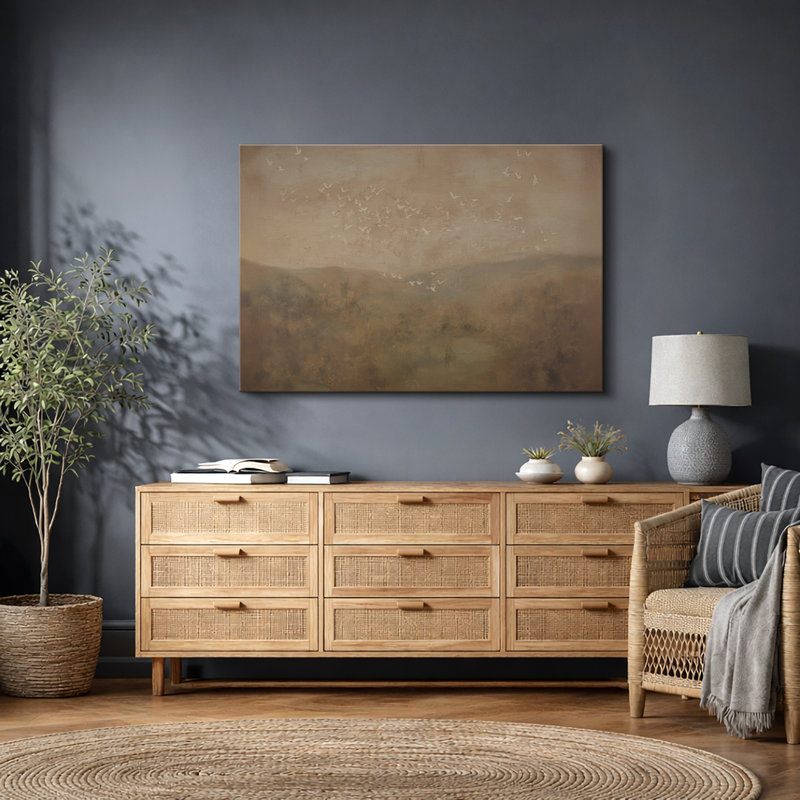 Warm Sepia Birds Over Hills Landscape Artwork, Living Room Pictures, Framed Canvas Giclee Print Wall Art, Wrapped Canvas