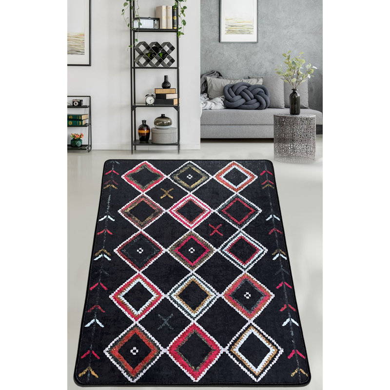 Tapis géométrique tissé à la machine rectangulaire noir et rose Bowery, Rectangle 6 pi 7 po x 9 pi 6 po