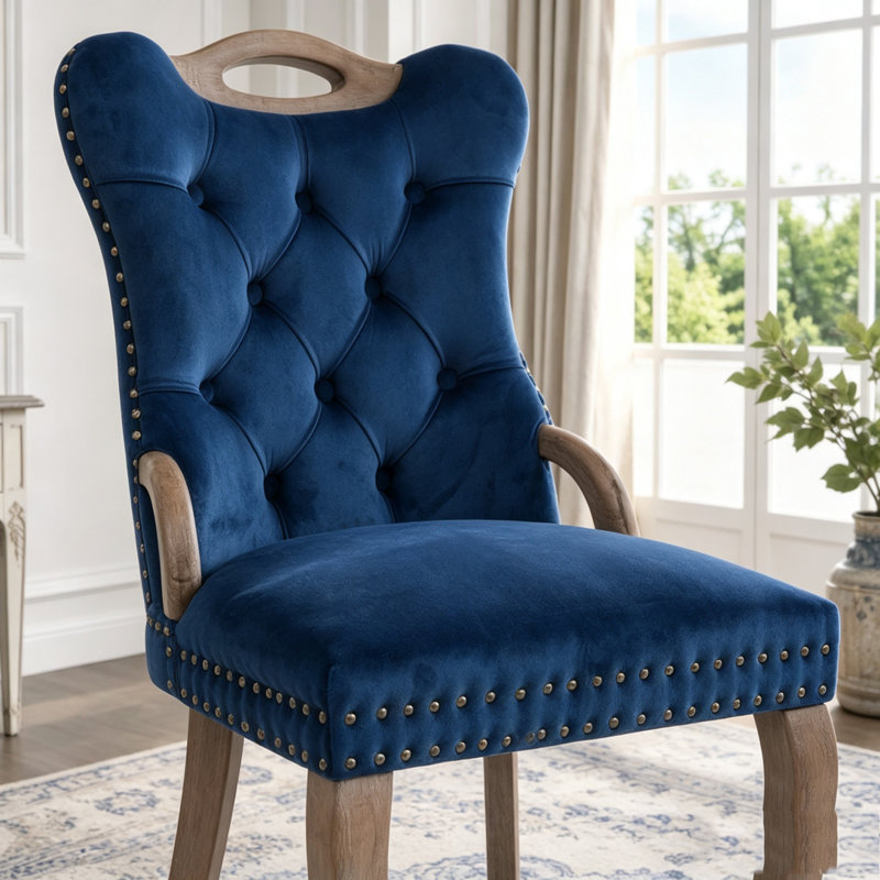Ensemble de 2 chaises de salle à manger en velours avec capitonnage à boutons, accoudoirs en bois et pieds cabriolet