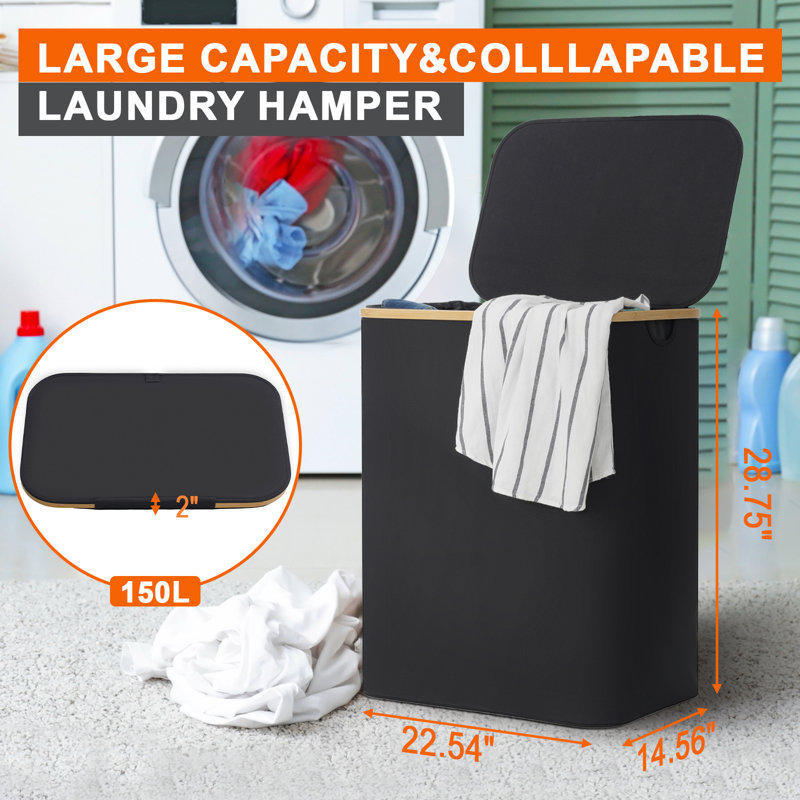 Double panier à linge avec couvercle, grand panier à linge 150L avec poignées en bambou, 2 sacs doublure amovibles