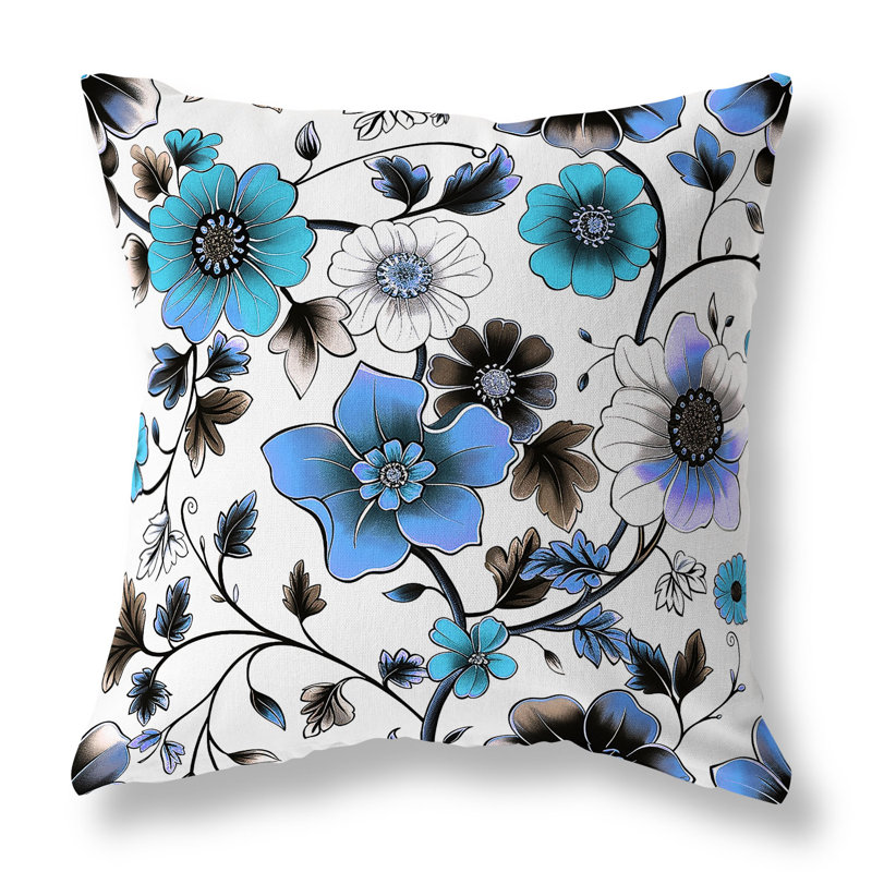 Coussin décoratif intérieur / extérieur Bloom and Chirp, H 20 po x l 20 po, Bleu / blanc
