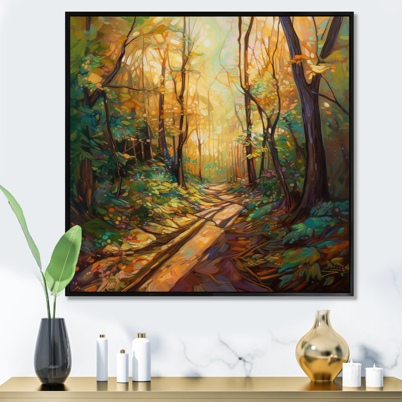 «Sunlight Through Trees In Autumn Forest Trail I», reproduction sur toile, H 24 po x l 24 po x P 1 po, Cadre flottant noir