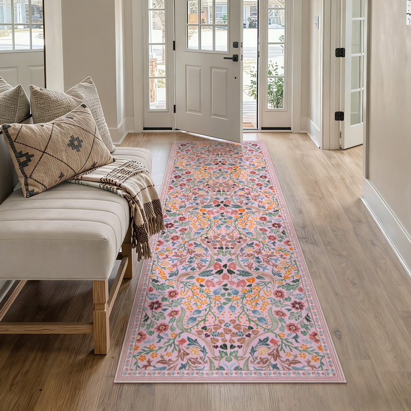 Tapis lavable à motif floral Kaldi, Tapis de couloir 2 pi x 6 pi, Rose