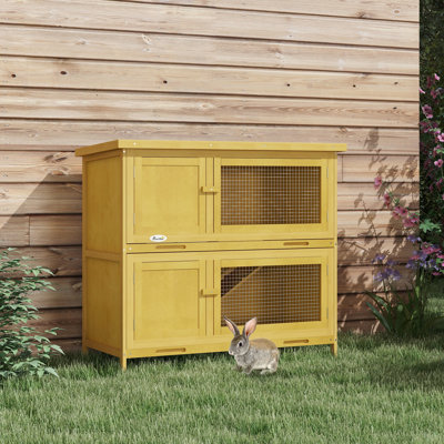 Pawhut Wooden Bunny Rabbit Hutch, Small Animal Habitat With Ramp, Removable Tray & Weatherproof Roof, Indoor/Outdoor, Yellow