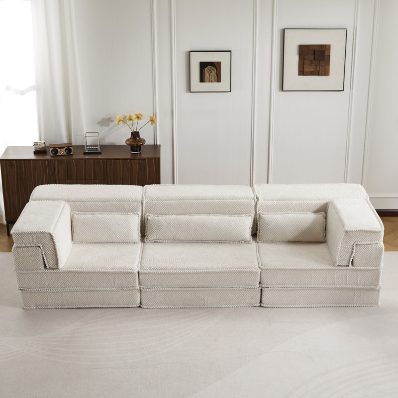 Canapé d'angle convertible 3 places Mahjong, blanc, polaire circulaire, sans assemblage, mousse à mémoire de forme, pour ' Room, sièges blancs, haute densité