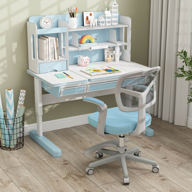 Chaise de bureau pour enfants avec hauteur réglable, accoudoirs et repose-pieds bleu, Bleu