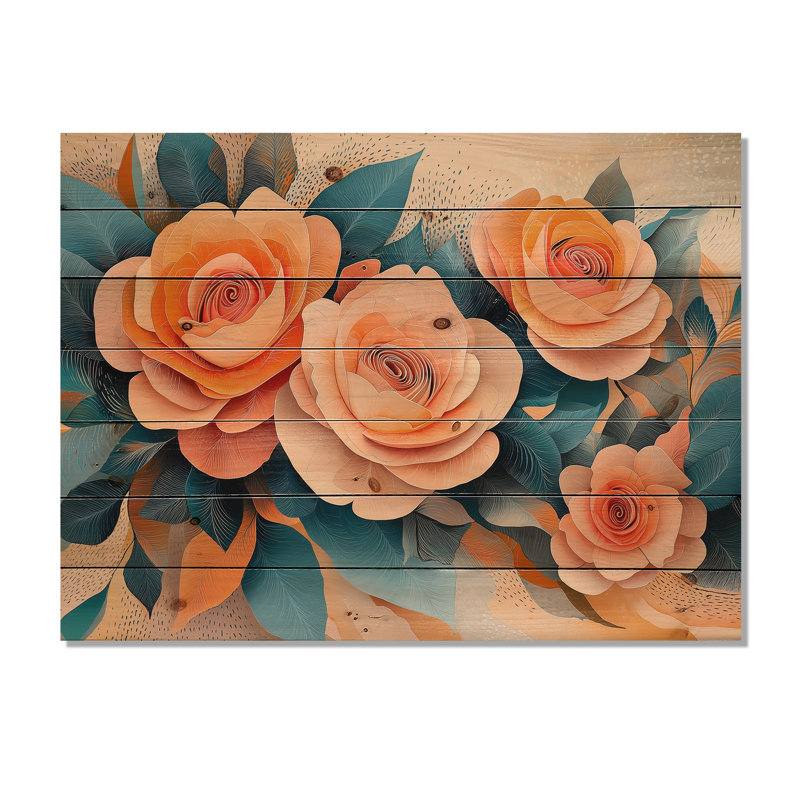Roses Dream Fragments Kinetic Art I - Roses Wood Wall Art - On Natural Pine Wood, 30" H x 40" W x 0.78" D