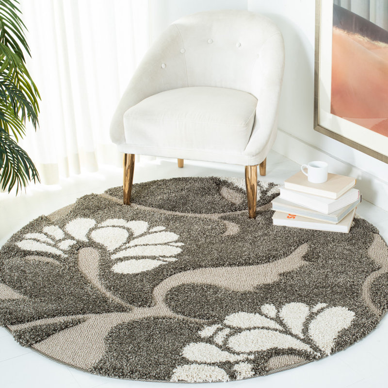 Tapis fumée / beige à motif floral Chanhassen, Rond 5 pi