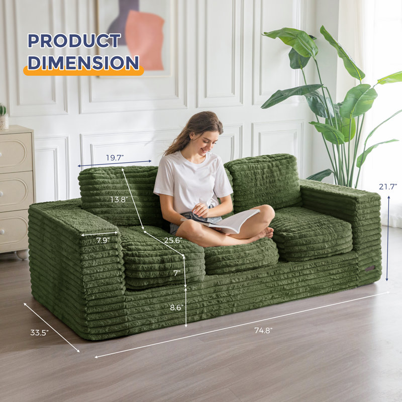 74.8" Upholstered Sofa Couch Compression Sofa, Green