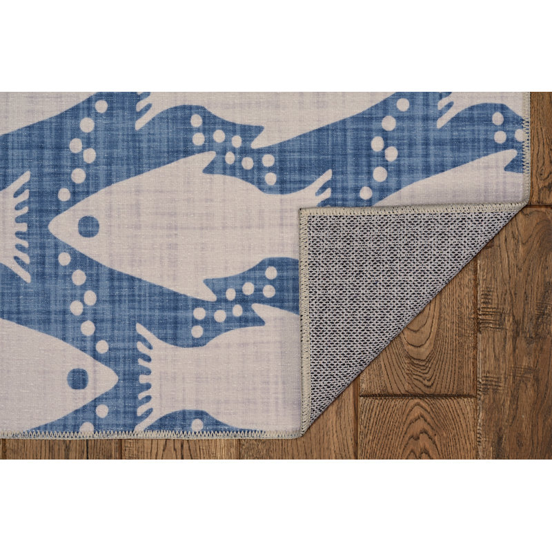 Fiennes Machine Washable Ivory and Blue Area Rug, Runner 2' x 8'