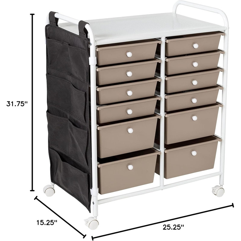12-Drawer Rolling Storage Cart With Side Pockets And Locking Wheels, Steel Tabletop For Craft Organization