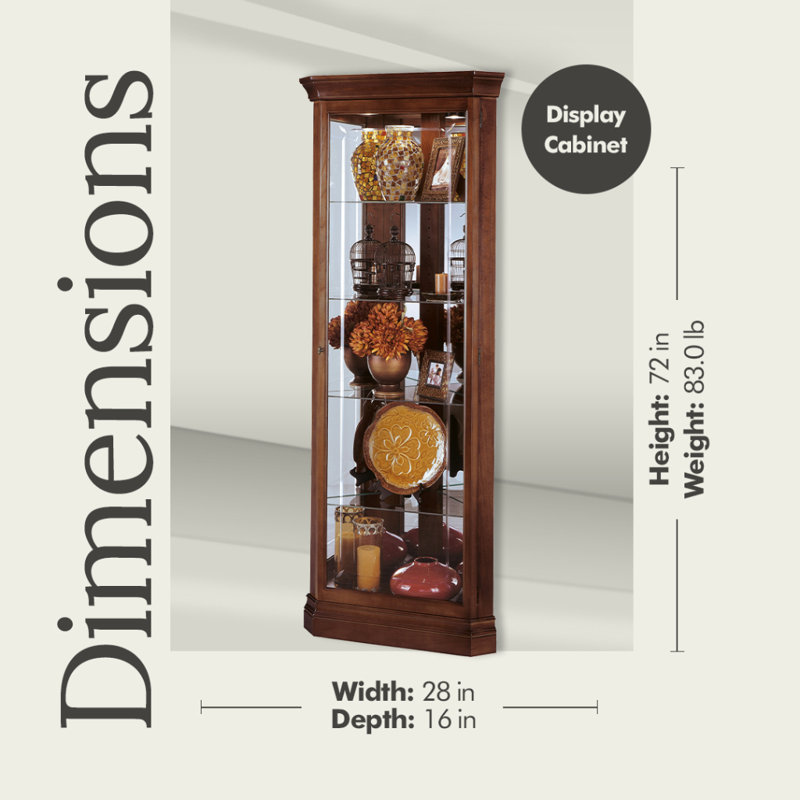 Lynwood Corner Curio Cabinet, Windsor Cherry Finish, Crystal-Cut Grooved Glass, Mirrored Back, 4 Shelves