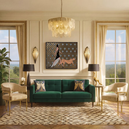 Living room with green sofa and framed wall art of woman walking cheetah.