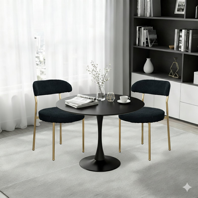 Round Dining Table Sets With 2 Chairs, Black/Gold, Black