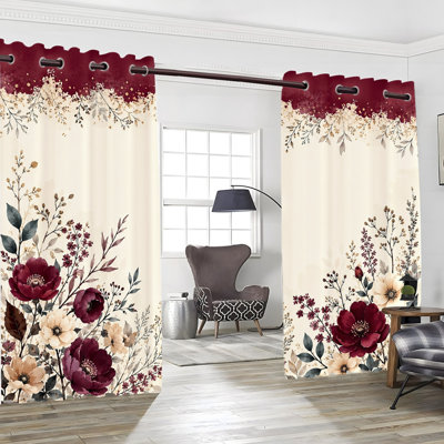 2PCS Grommet Top Burgundy Floral Printed Polyester Curtain Drapes, Thermal Insulated Heat Blocking Noise Reducing Blackout Room Darkening Curtains with Privacy Protection, Indoor Window Panels for Bedroom Living Room Kitchen Home Decor