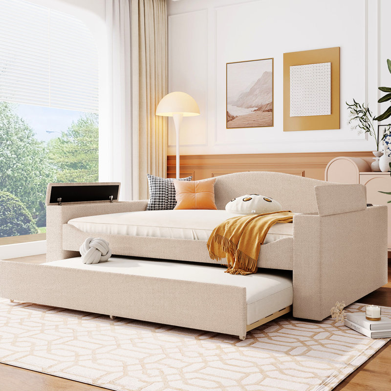 Lit de jour avec rangement pour accoudoirs et lit gigogne, son intégré pour un espace de rangement relaxant, Beige