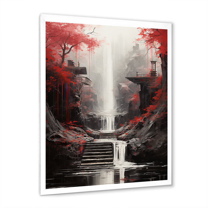 «Red Tree Endless Waterfall Journey», art sur toile, Cadre simple blanc, H 32 po x l 16 po x P 1 po