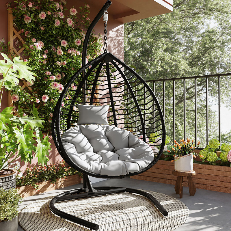 Indoor Outdoor Hanging Hammock Chair With Stand, Foldable Rattan Egg Swing Chair With Iron Frame And Plush Cushion & Removable Headrest,Suitable For Porch Garden,Balcony,Indoor