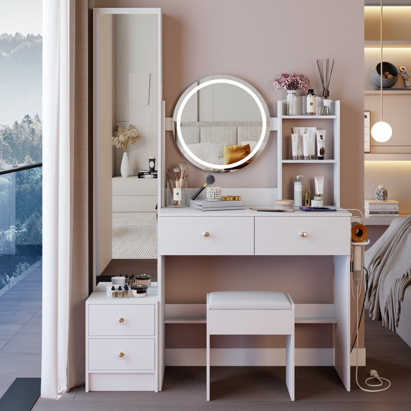 17" Round LED Lighted Vanity Table Set with Stool, Touch 3 Color Mirror, Multi-Layer Storage for Small Spaces