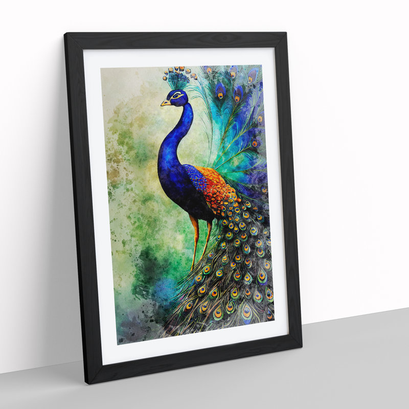 Watercolour Peacock No.2 - Single Picture Frame Painting, 46cm H x 34cm W x 2cm D, Black
