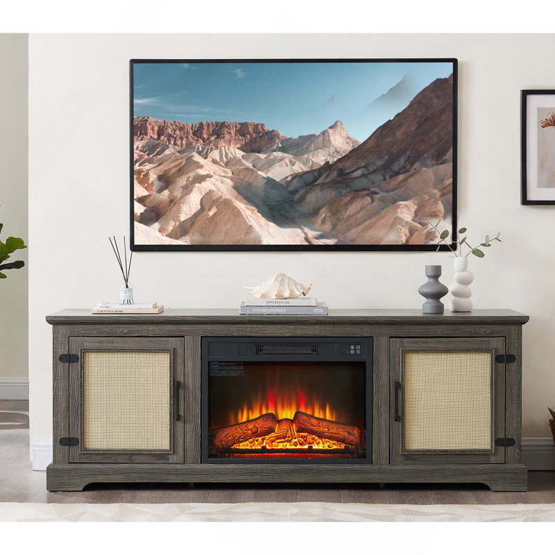 Armoire à porte en rotin naturel avec tablette réglable en bois, console de campagne en rotin pour téléviseur de 70 po ou moins, meuble télé avec foyer encastré de 23 po, l 65 po x P 15,55 po x H 23,86 po, GRIS