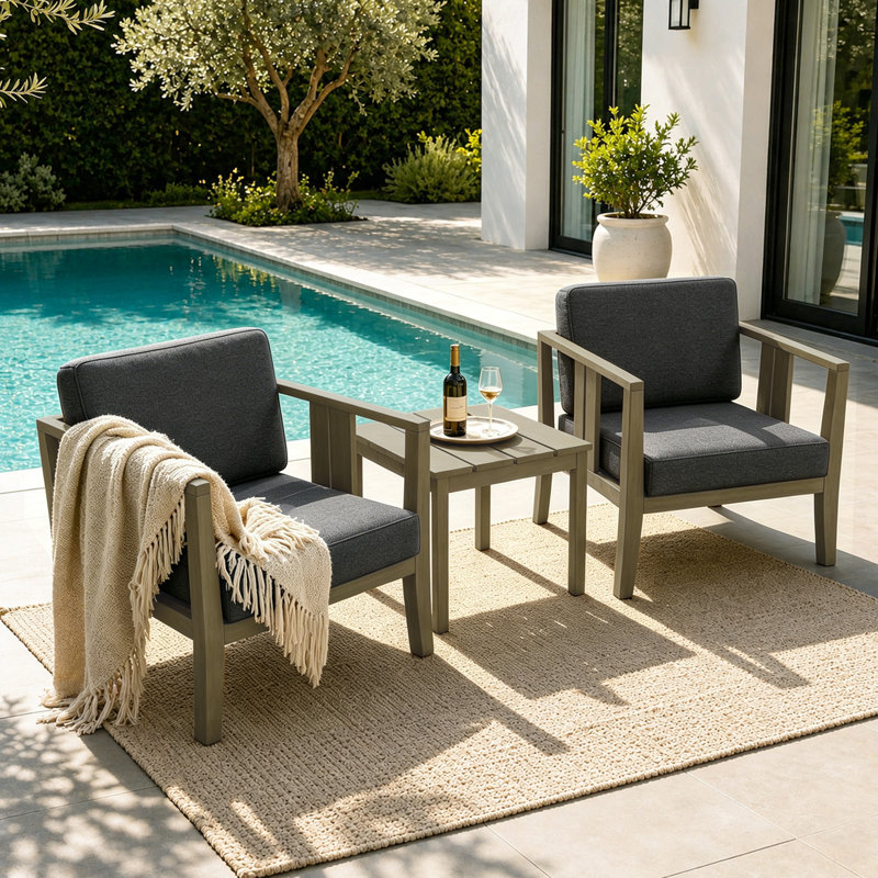 Ensemble de patio d'extérieur pour deux personnes en teck Junco avec coussins et table d'appoint, Brun, Gris foncé