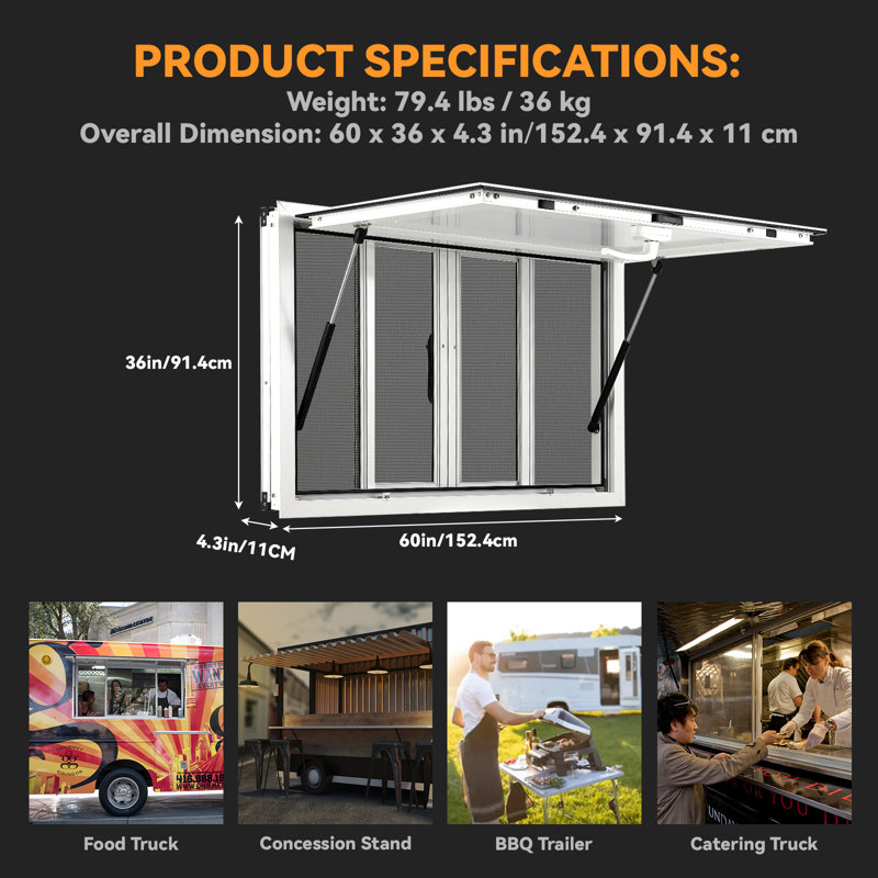 Concession Window, Aluminum Alloy Concession Serving Window With 4 Horizontal Sliding Screen Windows & Awning Door & Drag Hook, Up to 85 Degrees Stand Serving Window for Food Trucks Concession
