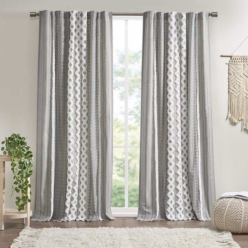 Panneau de rideau en coton avec rayures en chenille et doublure grise 50 po x 84 po