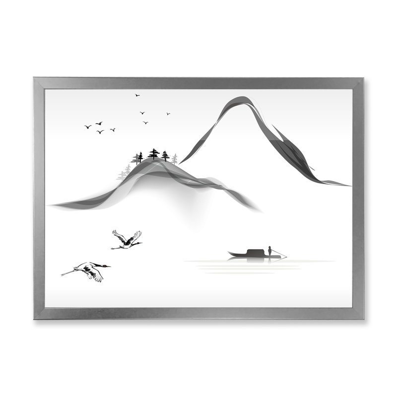 " Monochrome Landscape With Mountains And Boat ", 34" H x 44" W, Silver Picture Frame